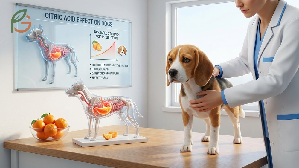 Citric acid effect on dogs showing potential stomach irritation and nausea in pets with sensitive digestive systems.