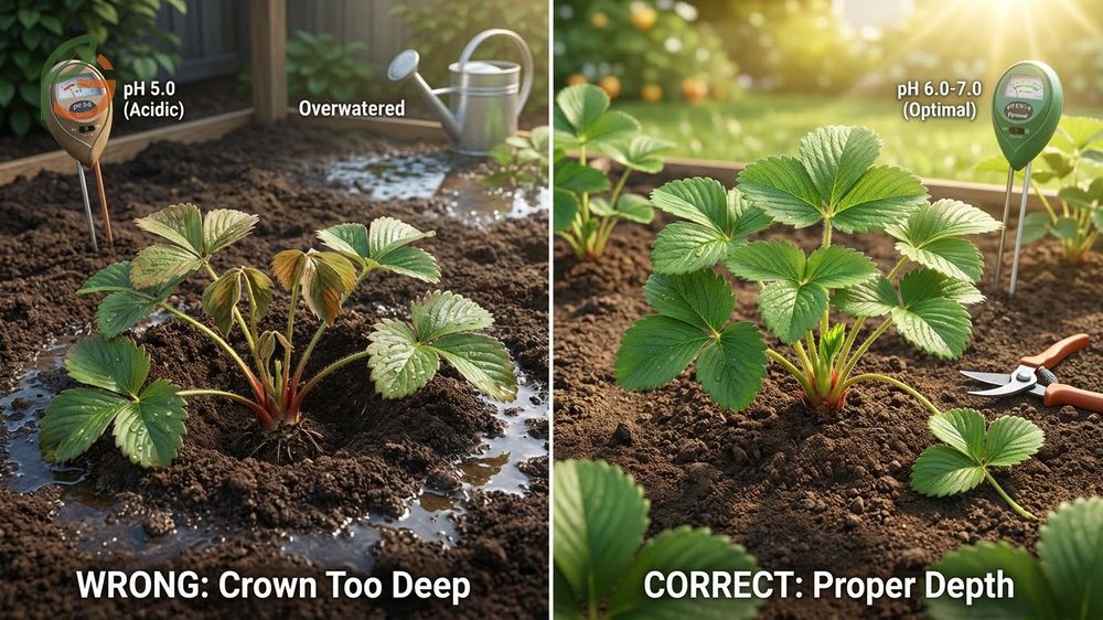 Common strawberry growing mistakes checklist warning against deep planting and insufficient sunlight exposure.