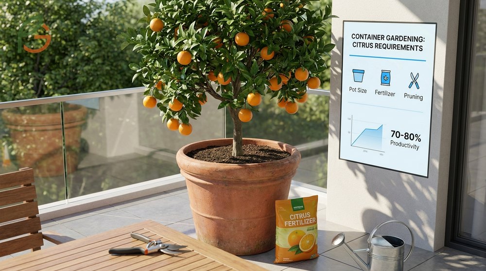 Container gardening citrus requirements for balanced nutrition and proper pot sizing as trees mature.