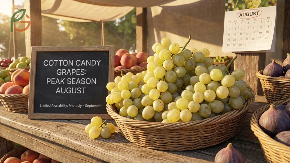 The peak season for cotton candy grapes runs from mid July through September with harvest windows varying by region.