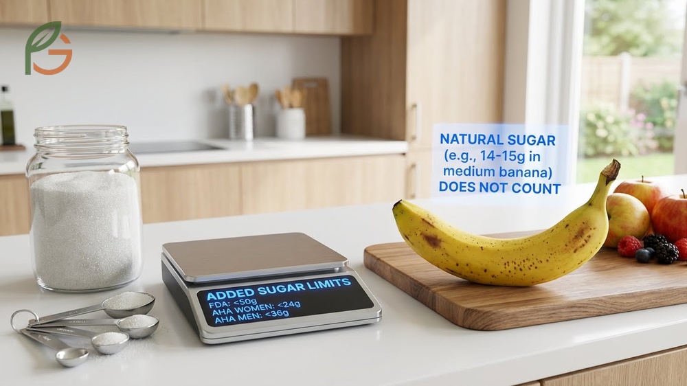 Daily sugar intake limits explained differentiating between natural fruit sugars and added refined sugars in diet.