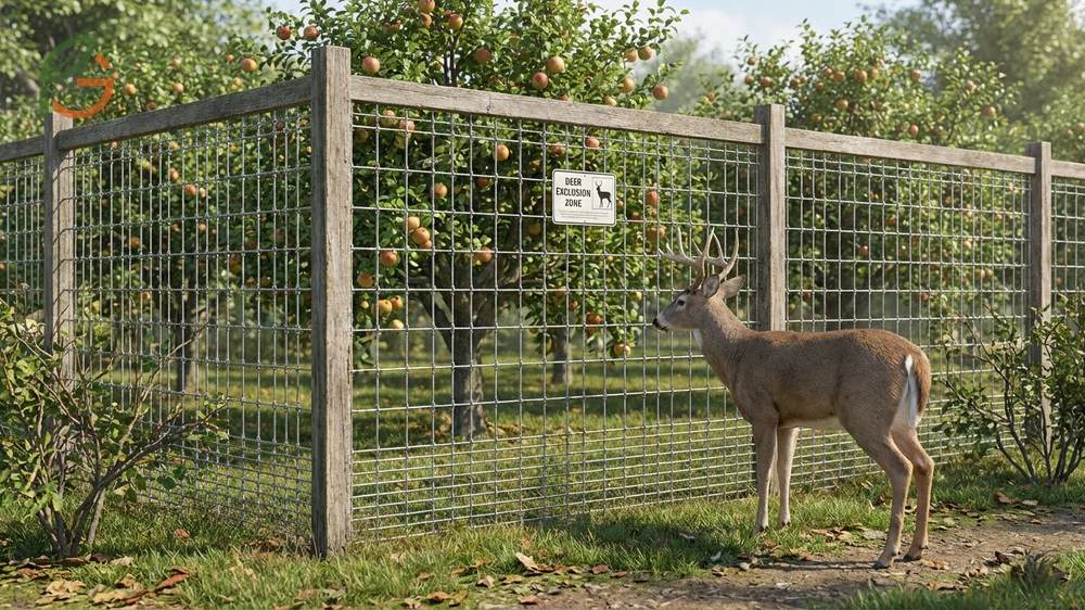 Deer proof fruit trees solutions utilizing 8-foot metal perimeter fencing which prevents 95-100% of deer damage in orchards.
