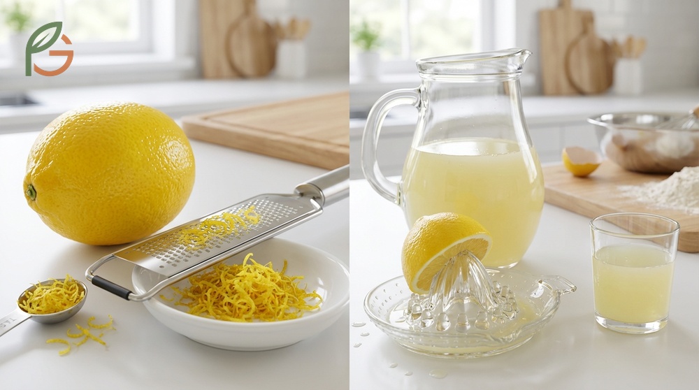 Lemon zest contains aromatic oils while the juice provides acidity and liquid content for cooking.