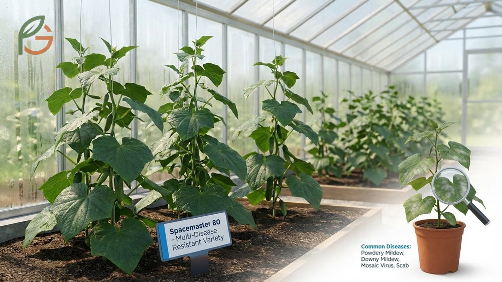 Disease resistant cucumber varieties like Spacemaster 80 and Marketmore 76 that fight powdery mildew and mosaic virus.