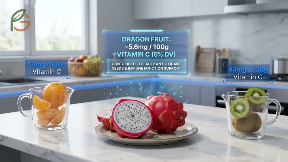Dragon fruit vitamin C content supplying approximately 5 percent of daily needs for immune system support and iron absorption.