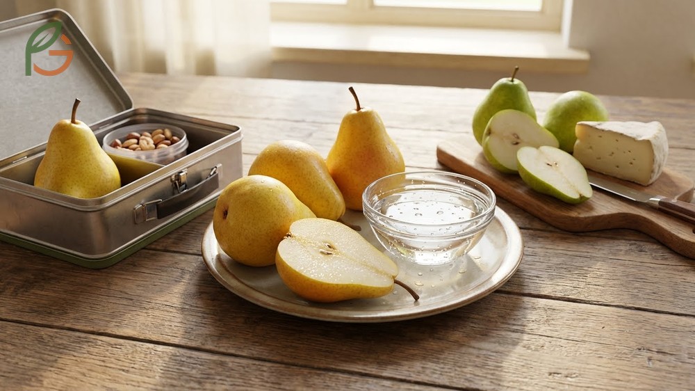 Sliced raw Bartlett pears served on a plate showing their juicy texture and high sugar content perfect for snacking.