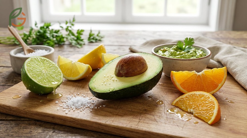 Foods that pair with avocado including citrus salt and fresh herbs to enhance the natural creamy taste.