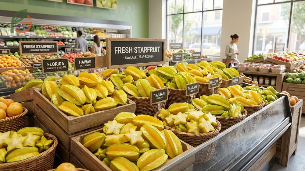 Fresh starfruit availability is ensured year round by combining domestic Florida crops with imports from Southeast Asia.