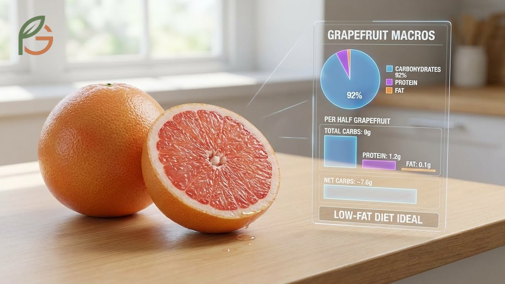 Grapefruit macros breakdown showing 92 percent carbohydrates with minimal protein and fat content per serving.