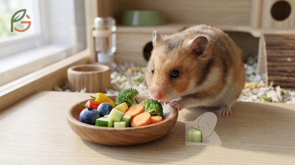Hamster safe fruits and vegetables list featuring carrots, broccoli, and small fruit portions.