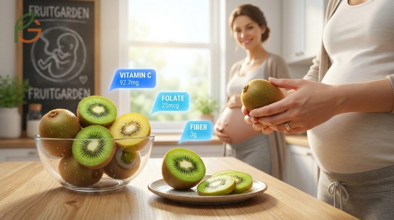 Kiwi fruit for pregnancy provides 92 mg of vitamin C and essential folate for healthy fetal development.