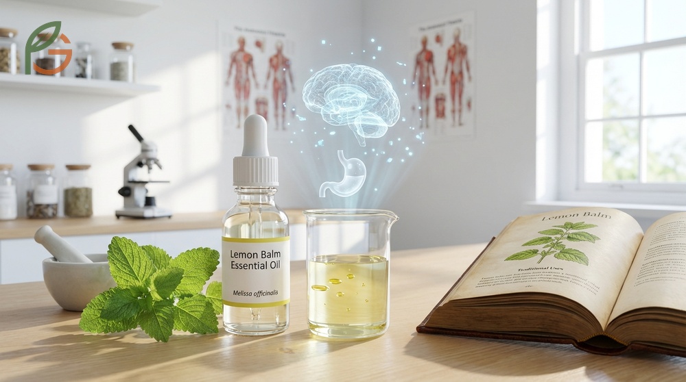 Lemon balm essential oil medicinal uses including anxiety relief and improved sleep quality via GABA modulation.