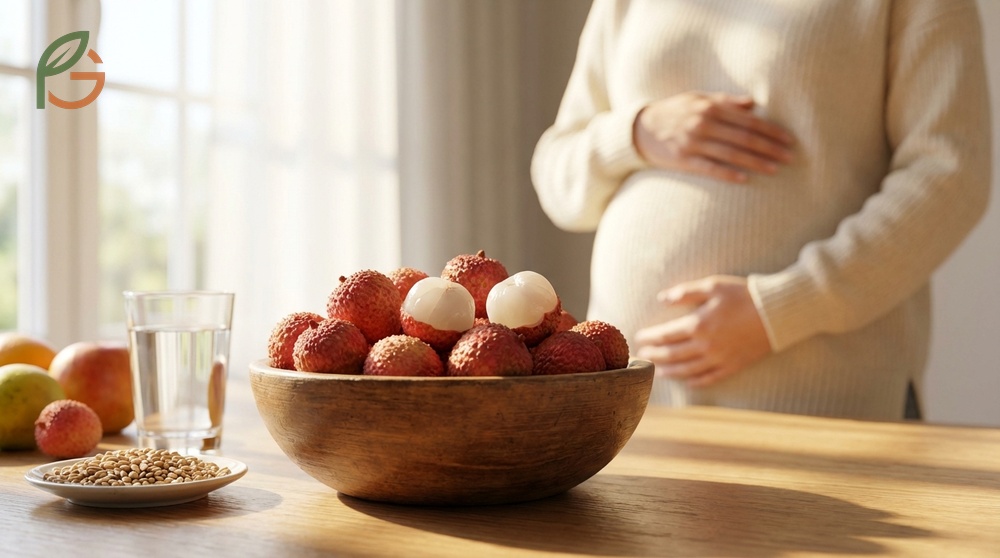 Lychee during pregnancy supports immune health and digestion with 71.5mg of vitamin C and 1.3g of fiber per 100g serving.