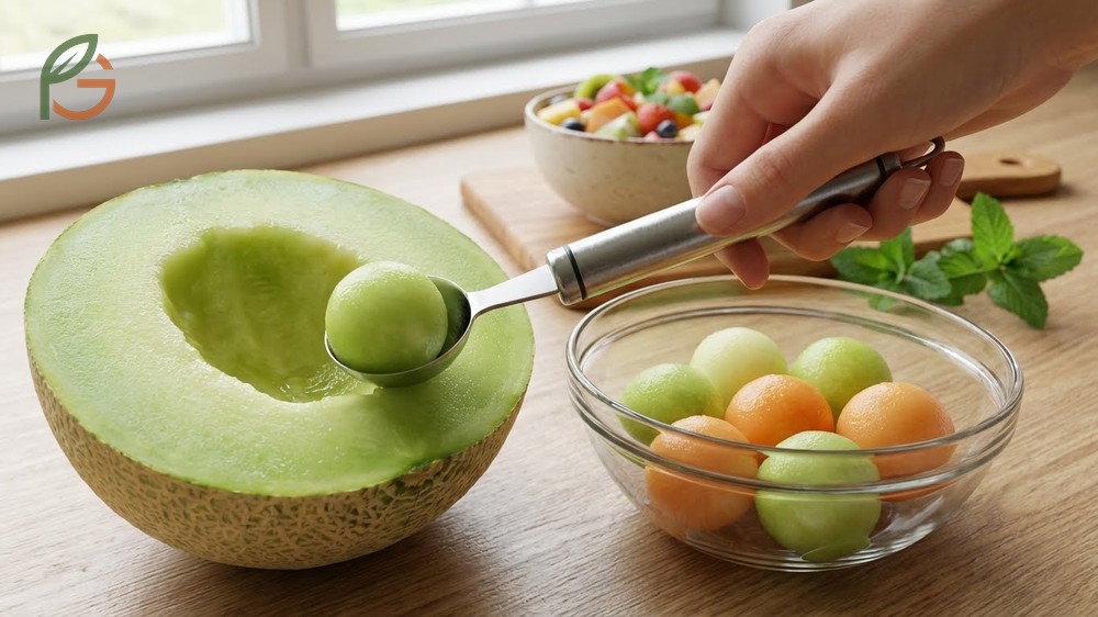 Making melon balls for fruit salads using a metal scooping tool to create uniform spheres from the flesh.