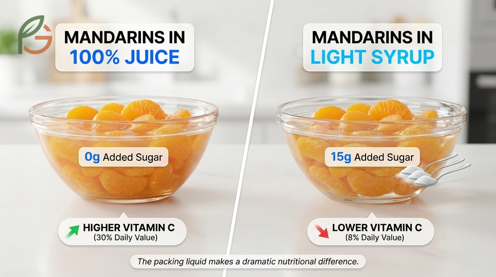 Mandarin oranges in syrup vs juice comparison highlights 15g added sugar difference and vitamin C retention.
