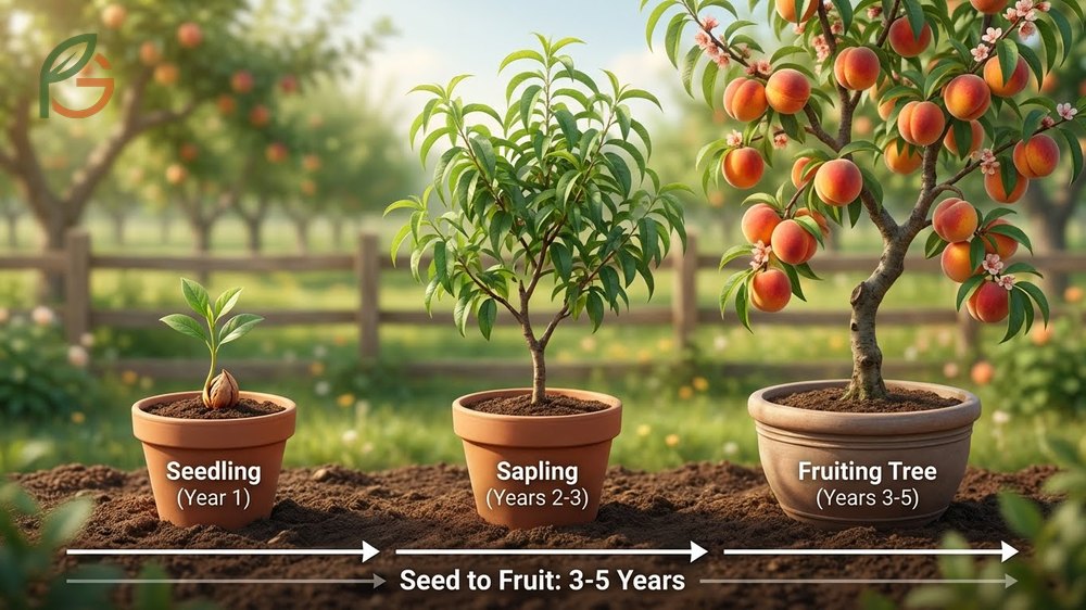 Peach tree seed to fruit development typically takes 3 to 5 years before the first harvest appears.