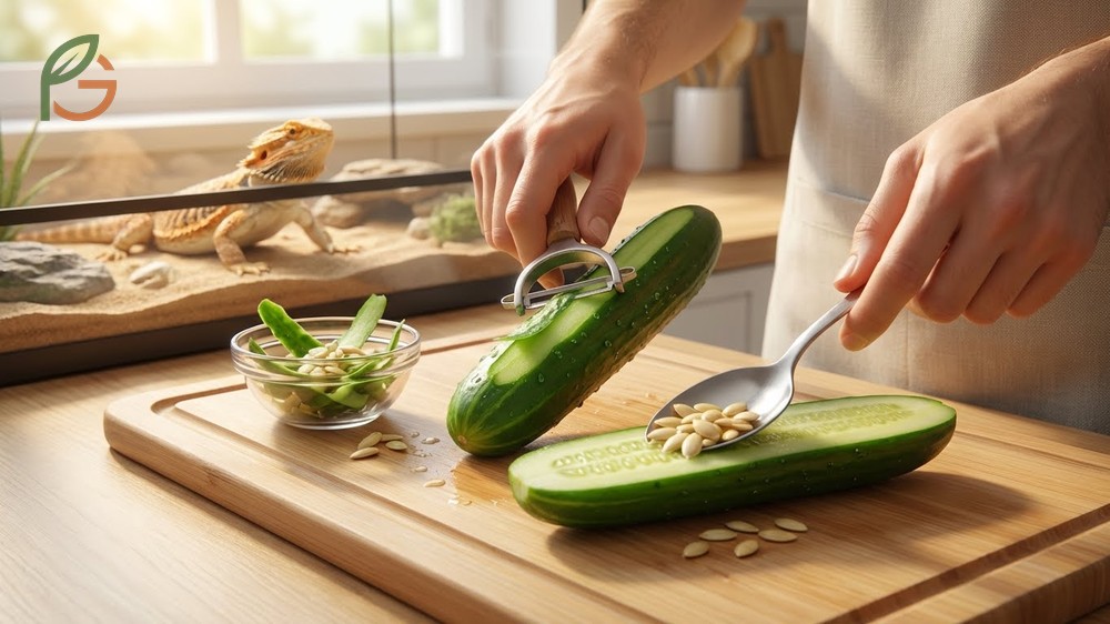 Peeling cucumber for reptiles involves removing tough skin and seeds to prevent digestive blockages.
