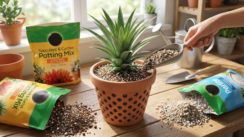 Fresh soil mix being prepared for planting a pineapple crown in a drainage friendly pot.