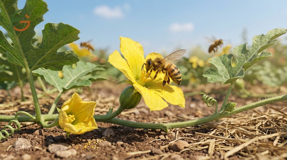 Pollinating watermelon flowers requires 8 bee visits per female bloom to transfer 500 to 1000 pollen grains effectively.