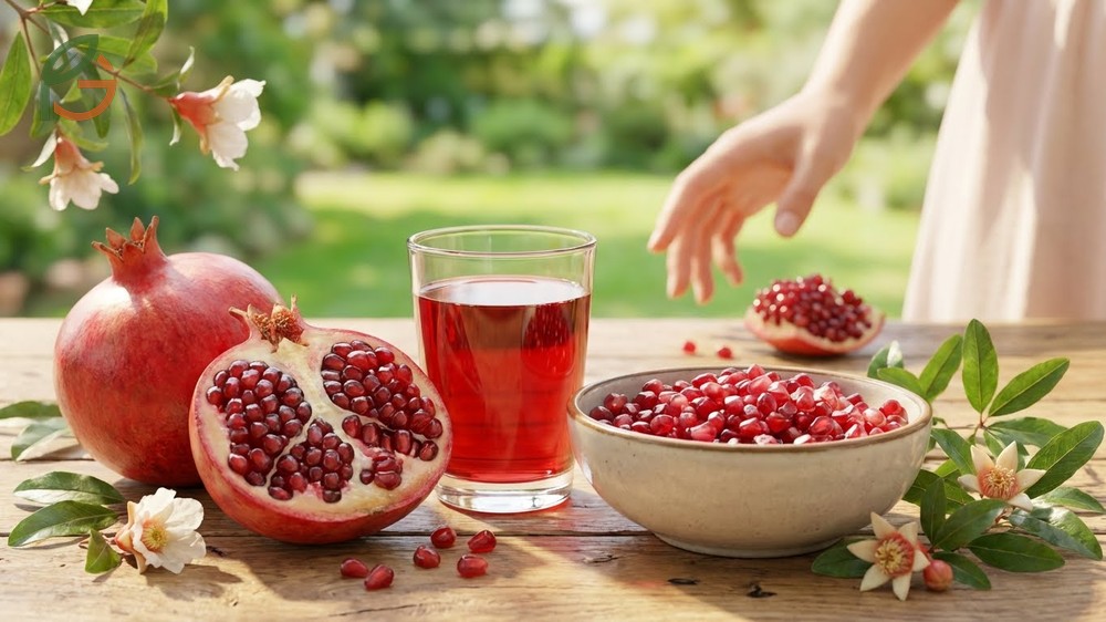 Pomegranate benefits for female nutrition include providing 4g of fiber and 10mg of vitamin C per 100g serving.