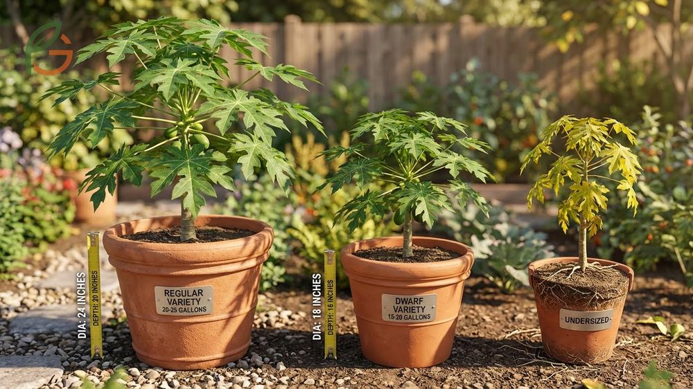 Pot size for papaya trees should be at least fifteen gallons to support proper root development.
