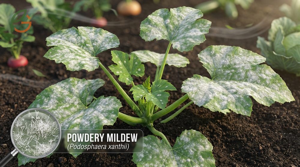 Powdery mildew on zucchini is caused by fungal spores spreading in high humidity and creating white spots on leaves.