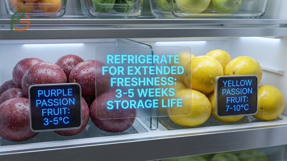 Refrigerate passion fruit for extended freshness by keeping yellow varieties at 7 to 10 degrees Celsius to avoid chilling injury.
