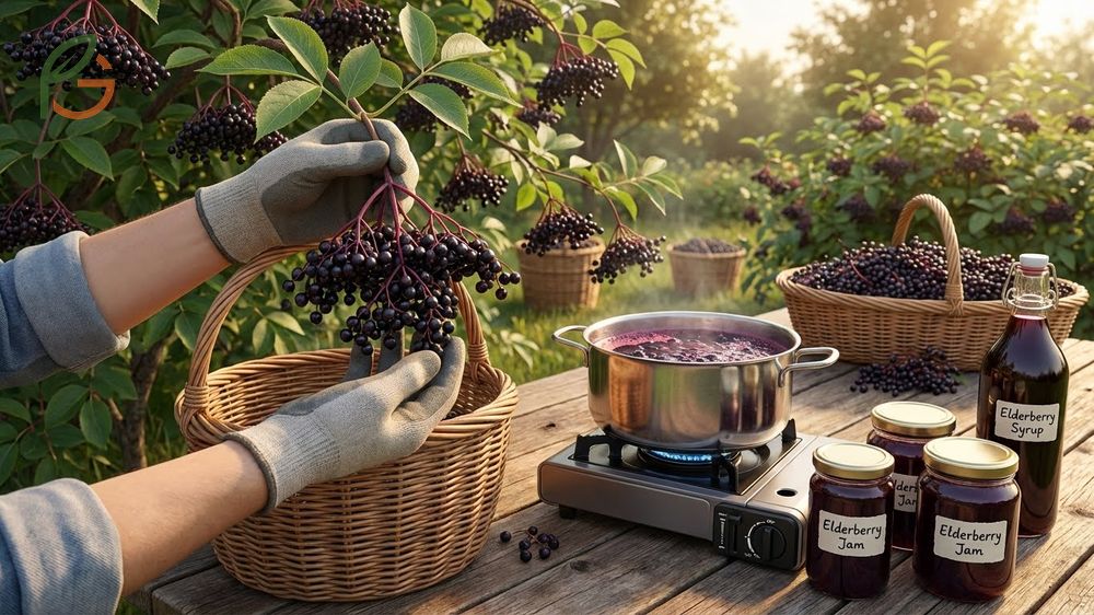 Safe elderberry foraging requires harvesting fully ripe purple berries from woody stems without green tones.