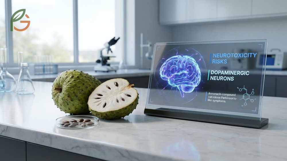 Soursop side effects warning about neurotoxicity risks and annonacin concentration causing neuron damage in the brain.