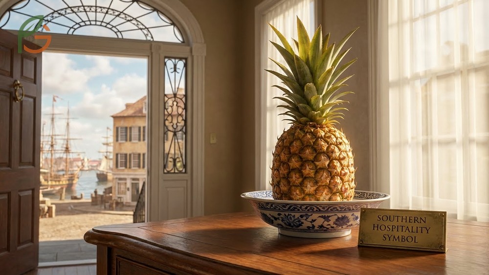 Southern Hospitality Symbol highlighting pineapple carvings on bedposts and gates in historic Charleston.