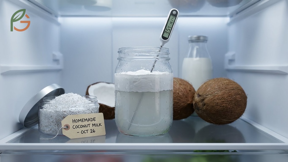 Storing homemade coconut milk in airtight glass containers in the refrigerator to maintain freshness for 4 days.