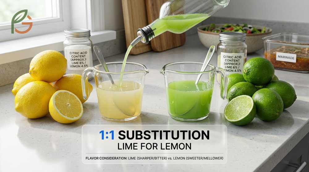 Can I substitute lime juice for lemon juice works well at a 1 to 1 ratio for marinades and dressings.