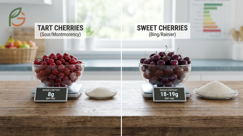 Sugar content comparison showing tart cherries have 8g sugar per cup versus 18g in sweet varieties.