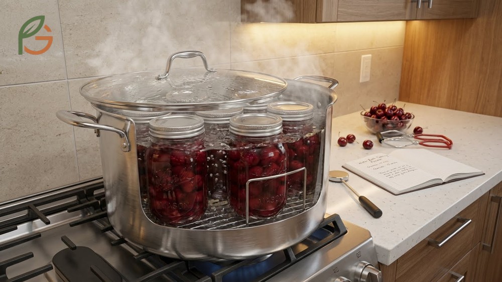 Filled jars of cherry preserves processing in boiling water for 10 minutes to ensure safe preservation.