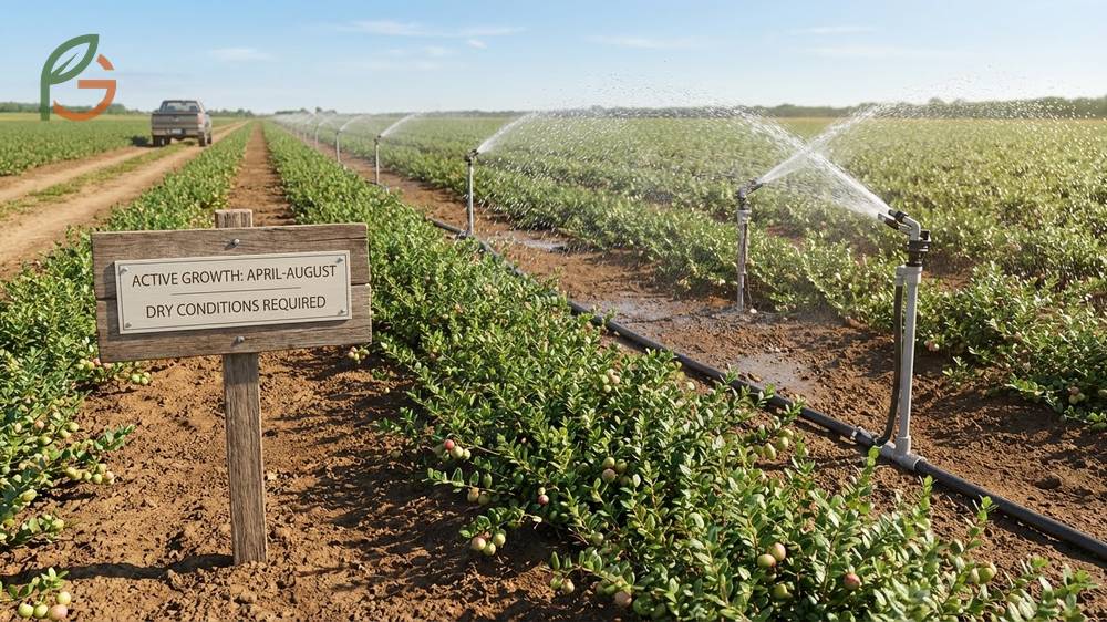 Water growing method clarification showing cranberries need one inch of water weekly similar to lawn grass.