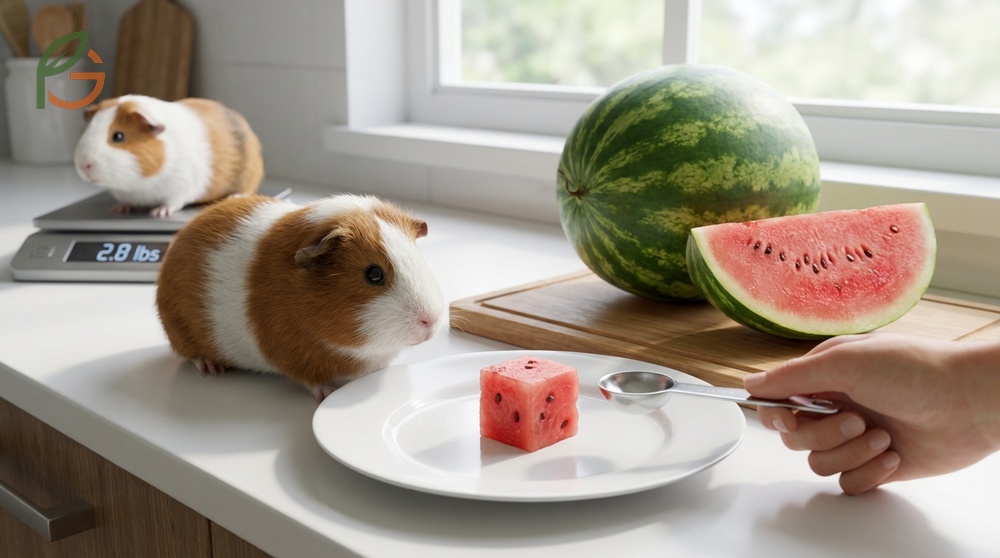 Watermelon serving size for guinea pigs is limited to one teaspoon cube to prevent bloating.