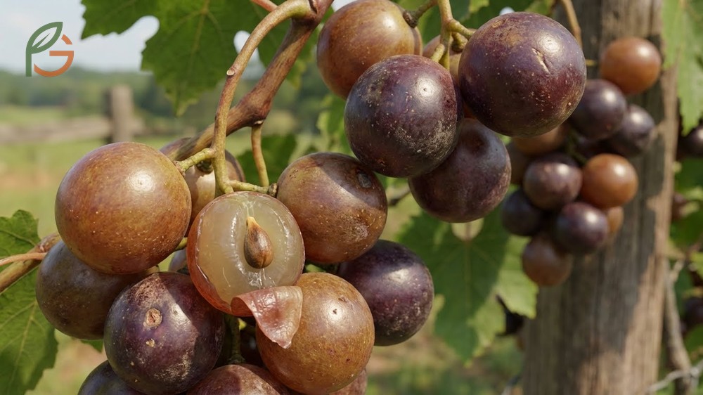 Muscadine grapes Vitis rotundifolia thrive in zones 7 to 10 with thick skins and sweet tart flavor.
