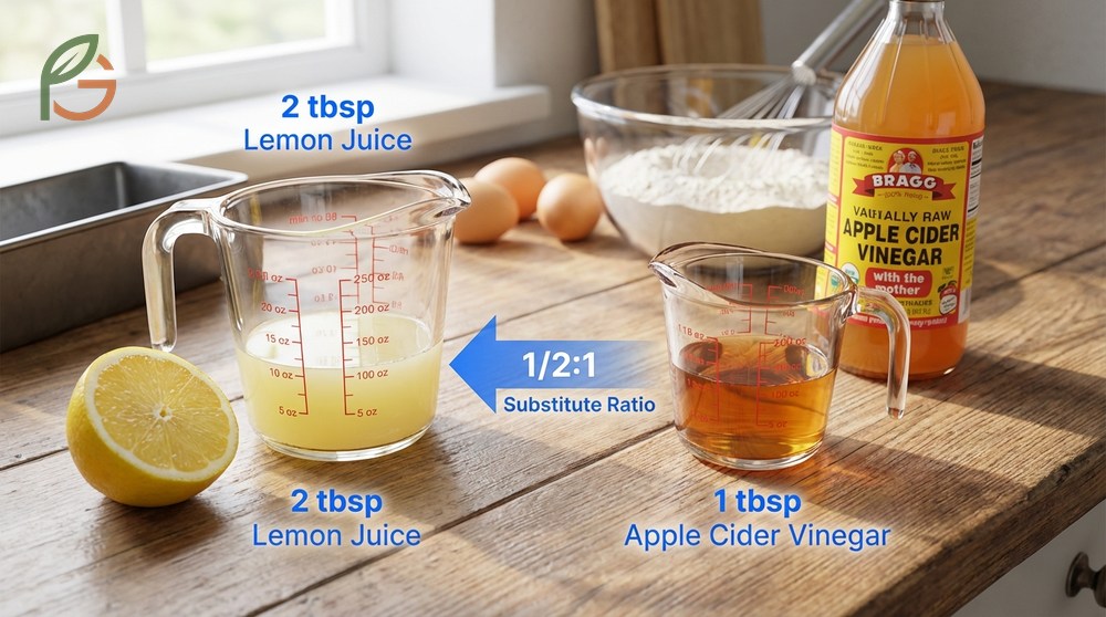 Apple cider vinegar substitute for lemon juice uses a half to one ratio to provide necessary cooking acidity.