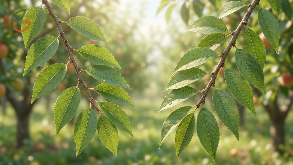 Apricot vs peach leaves identification based on lanceolate shape, alternating arrangement, and disease symptoms.