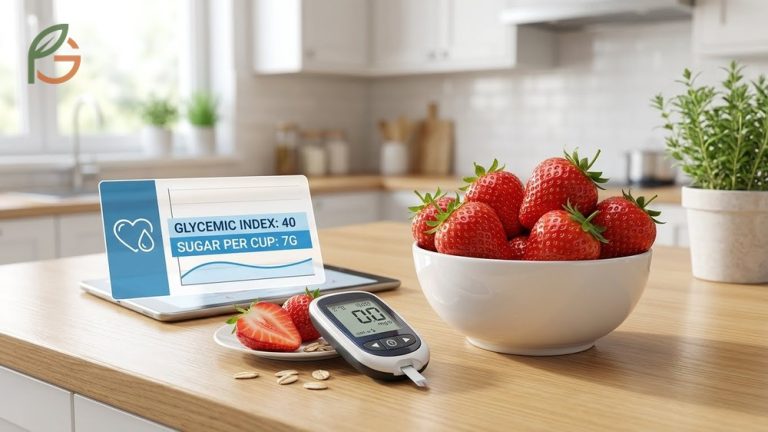 Fresh strawberries arranged on a table emphasizing their low glycemic index of 40 and safety for blood sugar management.