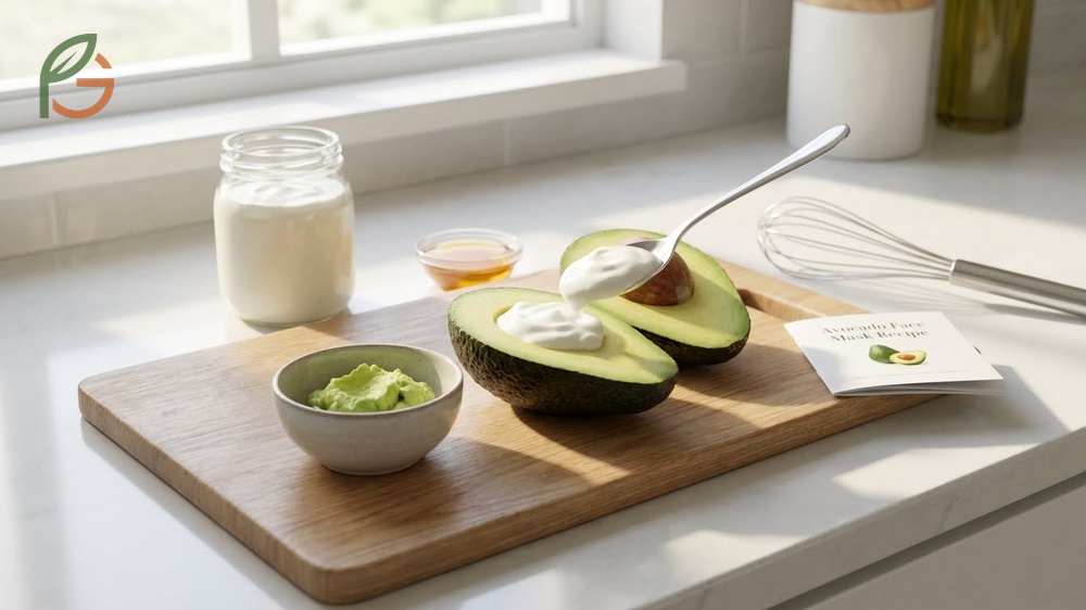 Avocado face mask recipe combining fresh avocado with honey and yogurt for a hydrating skincare treatment at home.