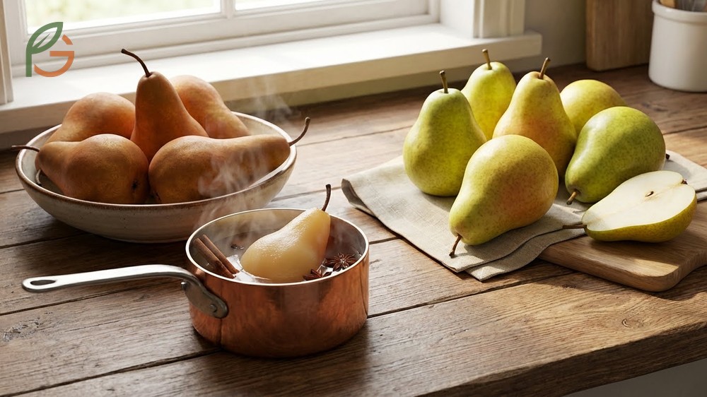 Bronze Bosc pears with elongated necks contrasted against the yellow bell shape of sweet Bartlett pears.