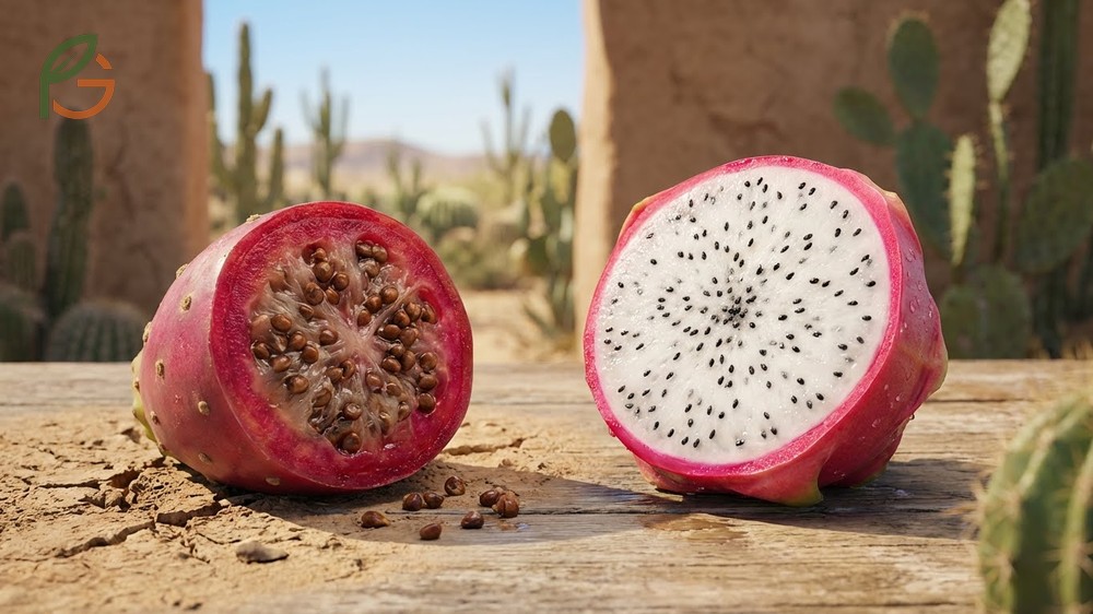 Cactus fruit seeds comparison showing the difference between hard prickly pear seeds and soft dragon fruit seeds.