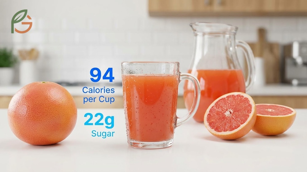 Calories in grapefruit juice increase to 94 calories per cup due to processing and removal of beneficial fiber.