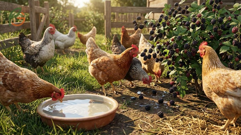 Chickens can eat blackberries including leaves and seeds which provide essential fiber and disease resistance.