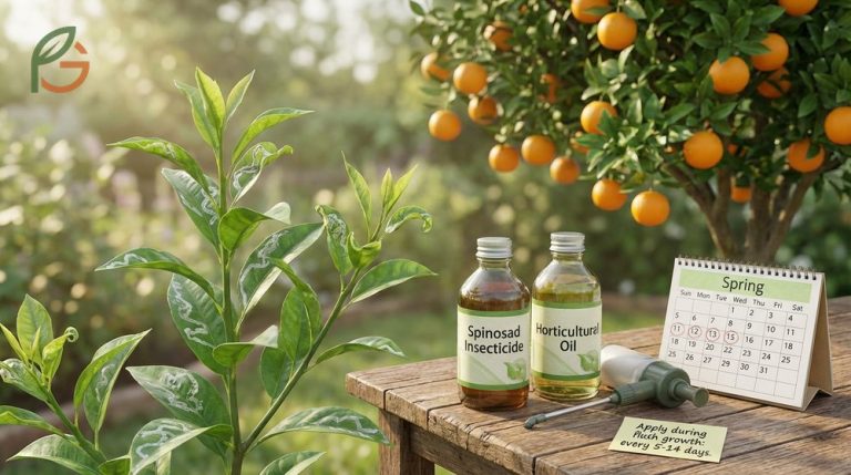 Citrus leaf miner treatment guide using organic spinosad and oils to protect young tree growth.