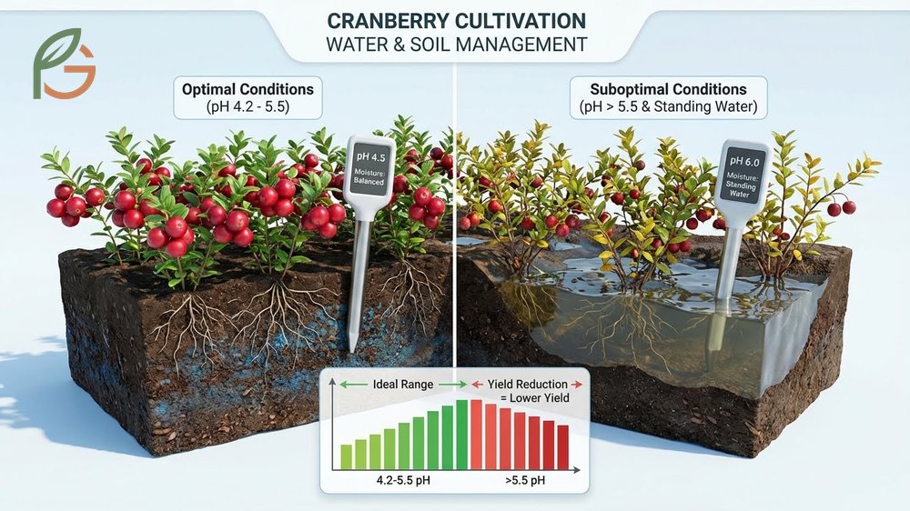 Cranberry cultivation water needs focusing on acidic sandy soils with pH levels between 4.2 and 5.5.
