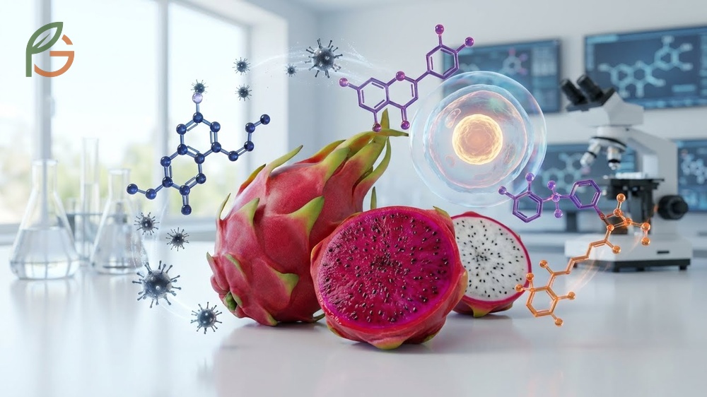 Dragon fruit antioxidants including betalains and flavonoids that protect cells from oxidative stress and chronic disease.