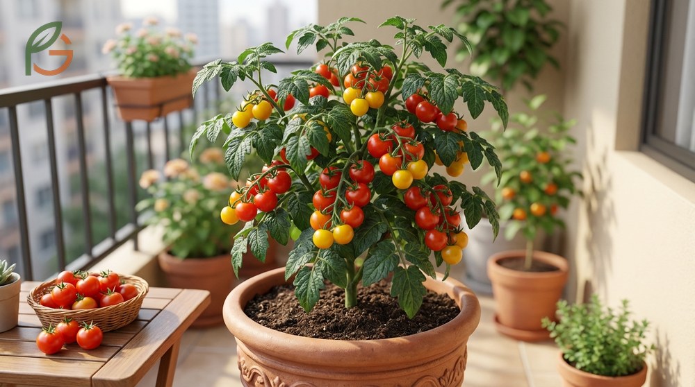 Dwarf tomato varieties for pots grow 1 to 3 feet tall while producing full size fruit suitable for small balconies and patios.