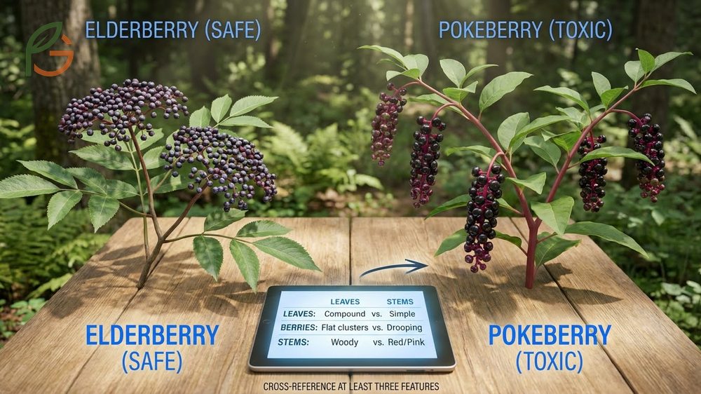 Side by side elderberry pokeberry comparison chart for field identification of safe versus toxic plants.